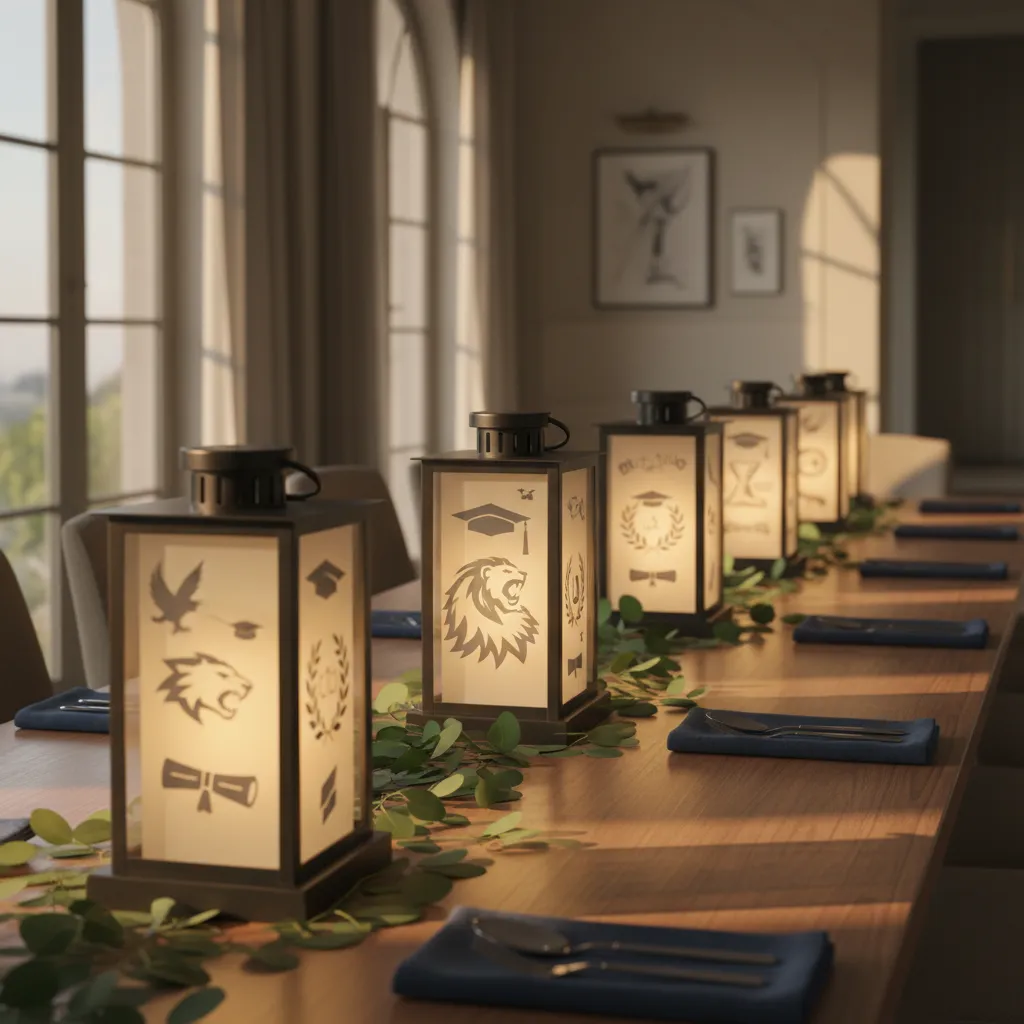 A long dining table decorated with illuminated graduation lanterns and greenery.