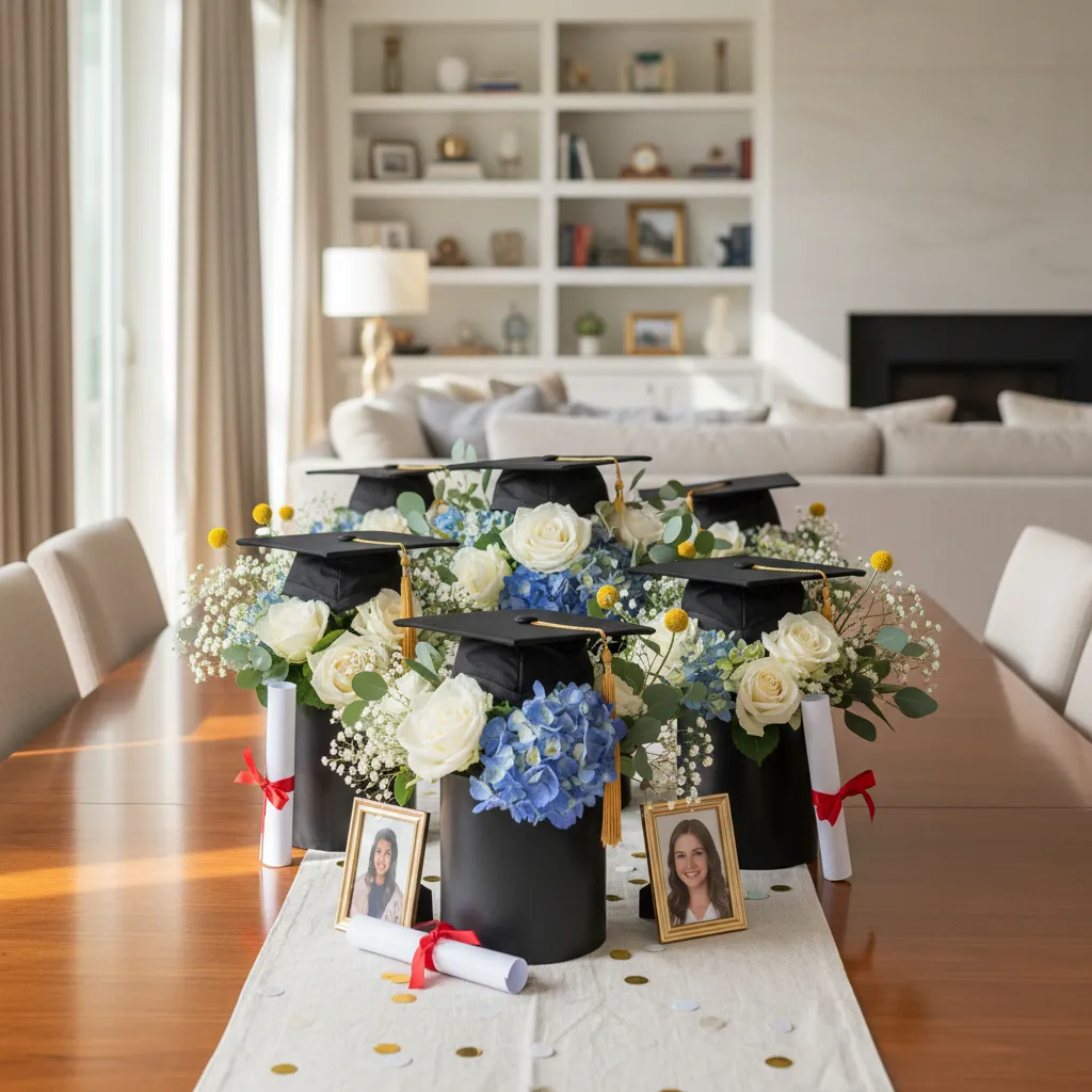 Elegant graduation party table with floral arrangements inside mortarboard caps and diploma scrolls.