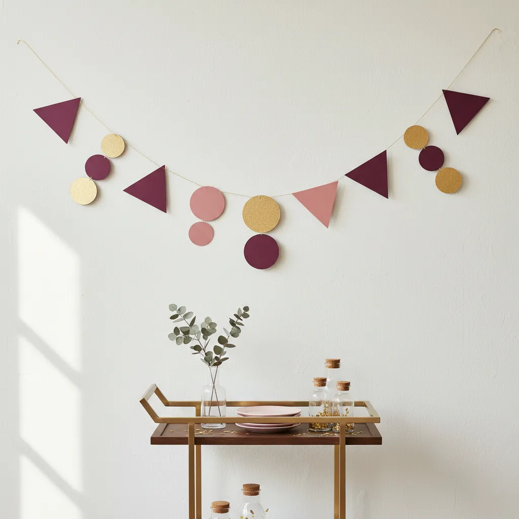 A stylish DIY garland made from painted cardboard shapes in pink and gold, hanging on a white wall for a party.