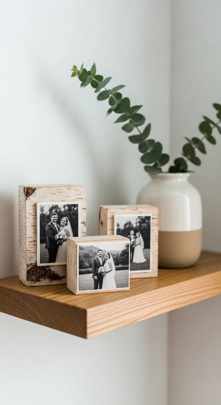 Handmade Wood Block Photo Transfers on Shelf DIY wood block photo transfers displaying wedding memories on a wooden shelf