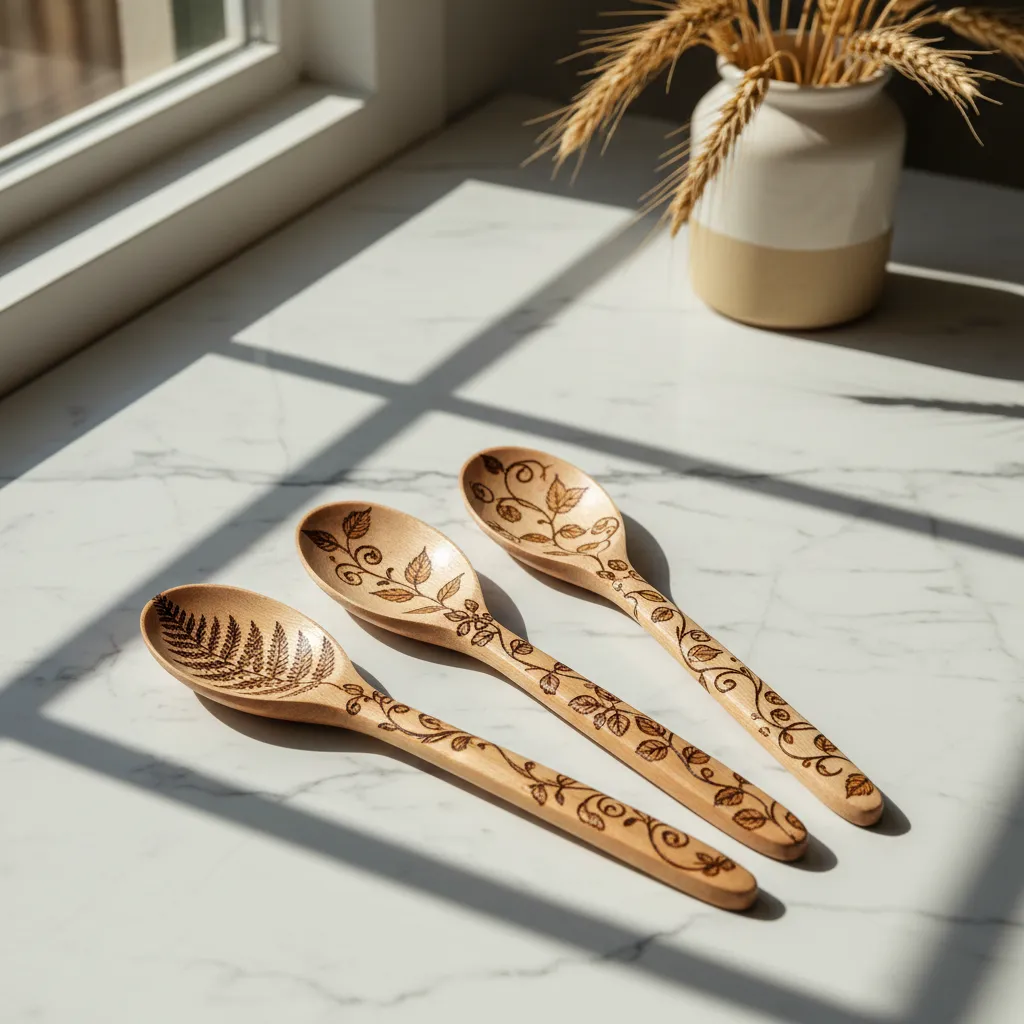 Three wooden spoons with pyrography botanical designs resting on a kitchen counter
