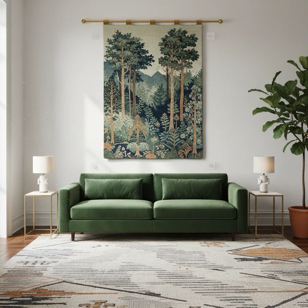 A large decorative tapestry displayed on a brass curtain rod above a modern sofa in a well-lit room.