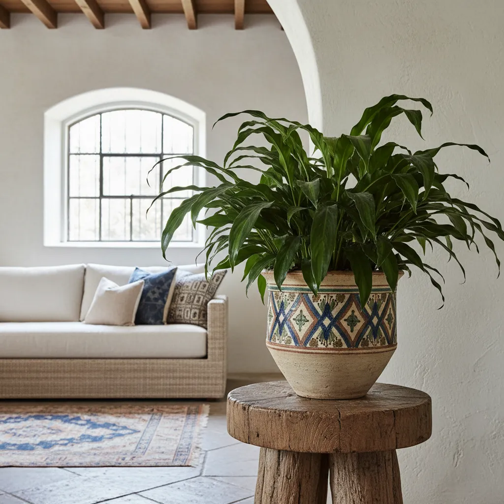 Cast iron plant in a ceramic pot on a wooden stool