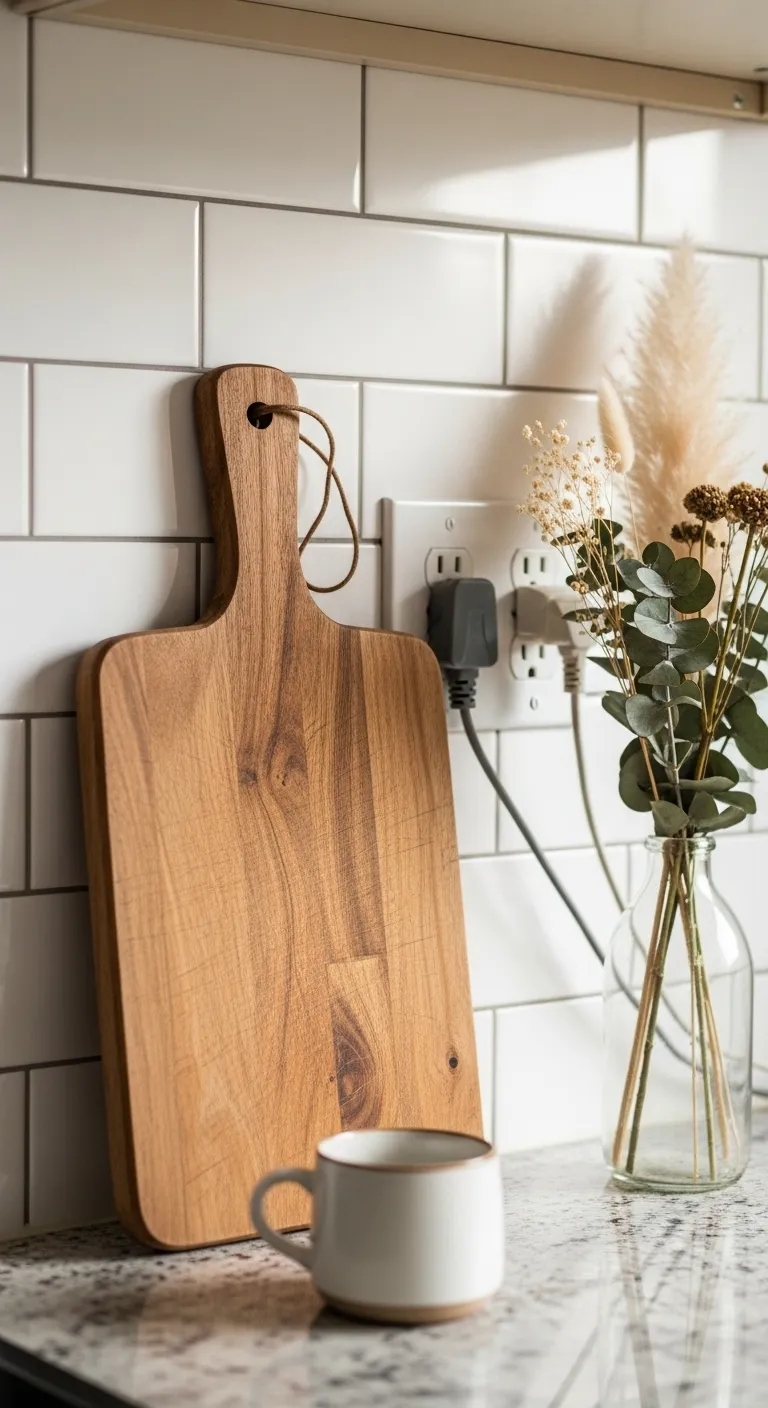 Wooden cutting board leaning against backsplash to hide outlet
