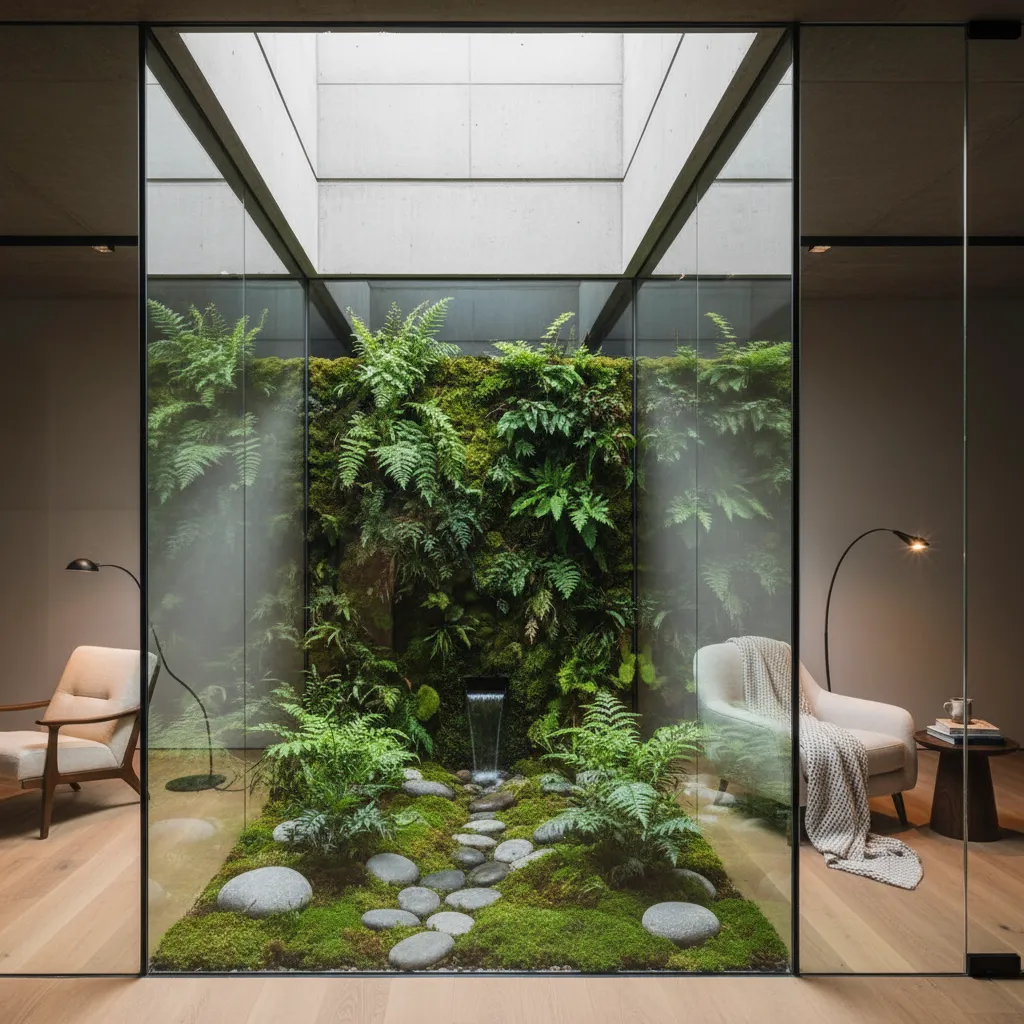 Close up of lush greenery and river stones inside a modern glass atrium