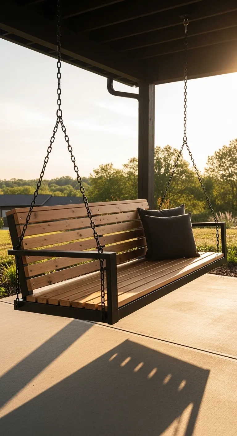 Matte black steel swing frame with warm cedar wood slats on a modern patio