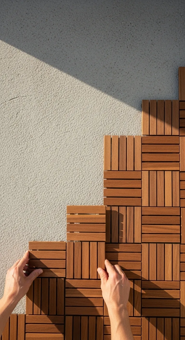 DIY installation of rental friendly acacia wood deck tiles on a concrete apartment balcony