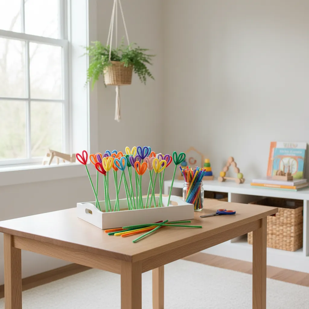 Styled playroom with DIY pipe cleaner tulips on a desk