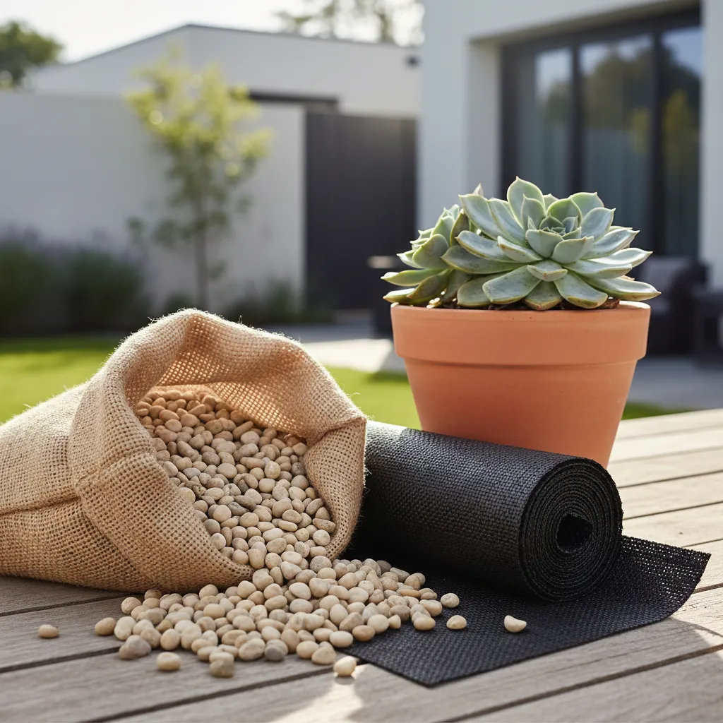 Materials for diy pea gravel landscaping including stones and plants