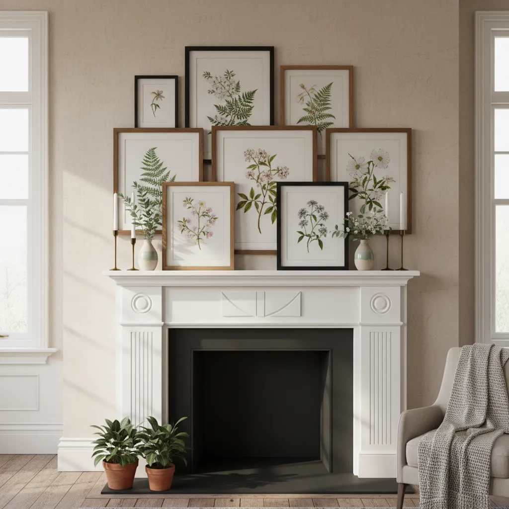 Modern fireplace mantel with layered botanical art and spring greenery
