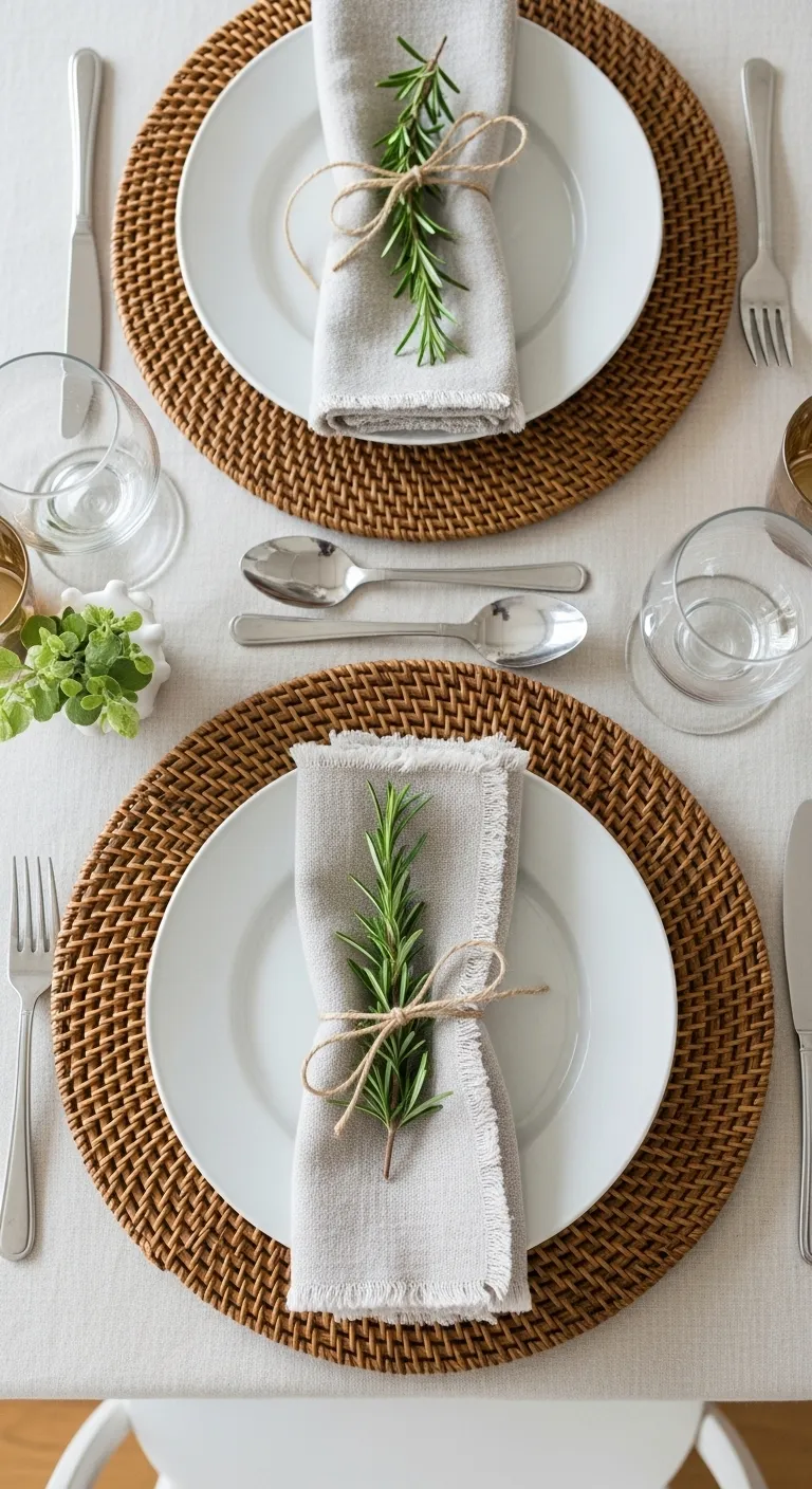 Close up of woven placemat and linen napkin on a farmhouse table