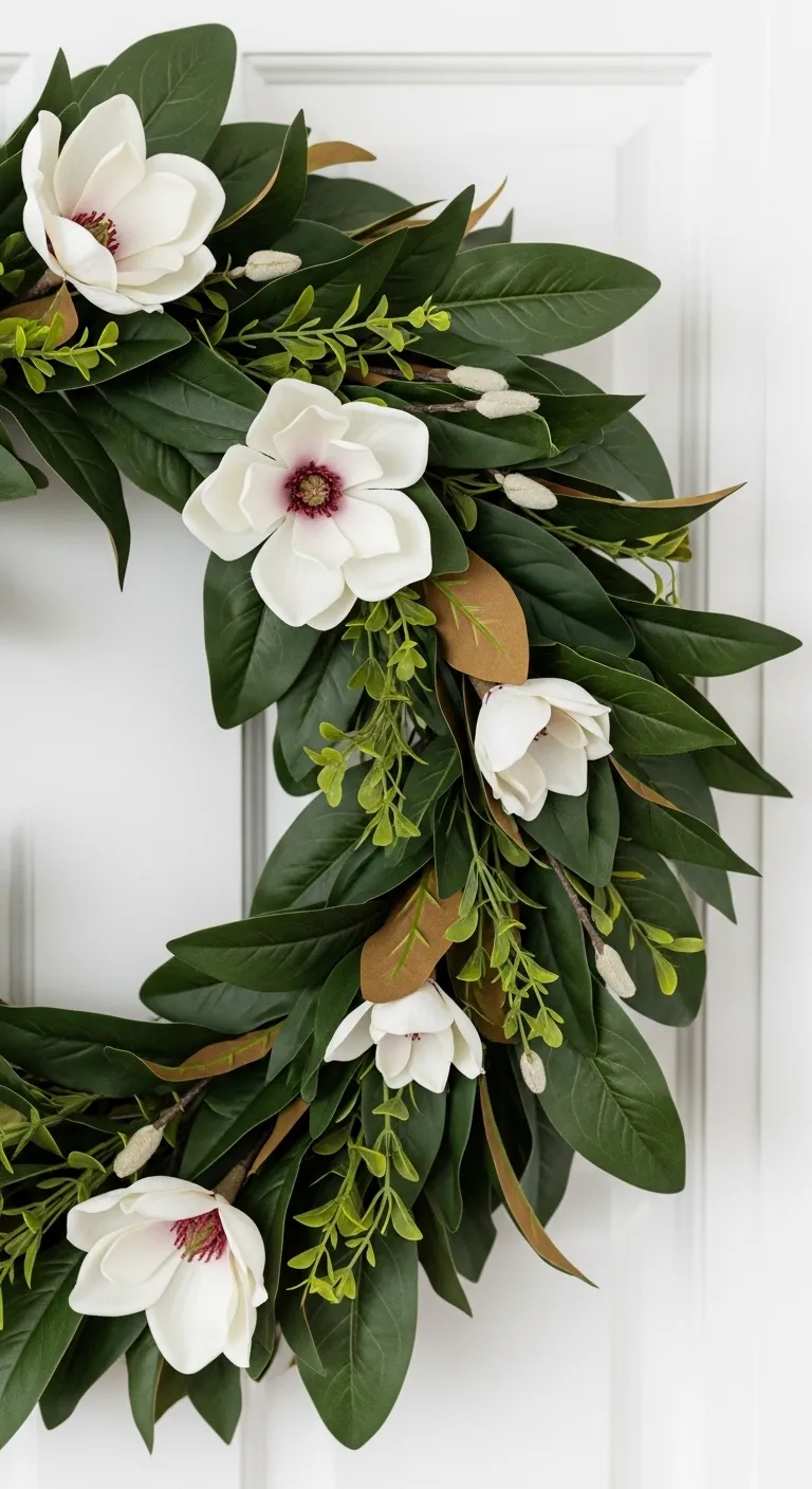 Layering Faux Greenery on Wreath Layered greenery and florals on a wreath form showing texture
