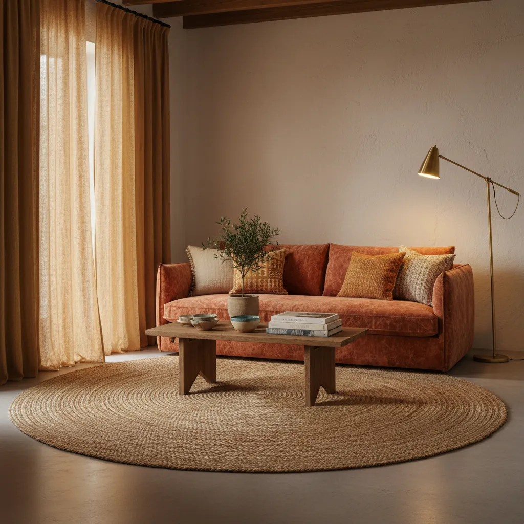 Mixed linen and velvet textiles in a Mediterranean living room