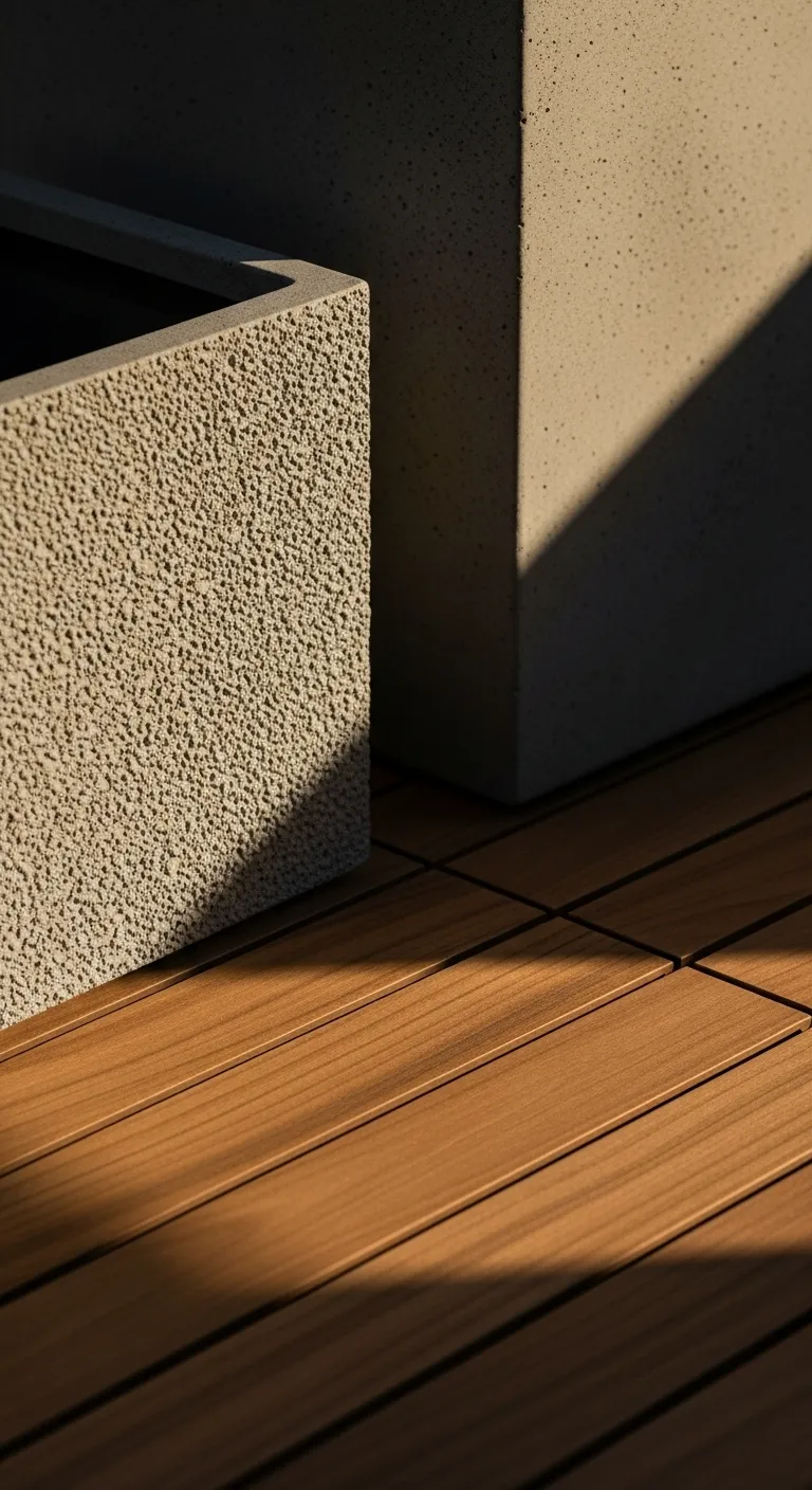 Close up of lightweight grey resin planters that mimic concrete texture on a wooden deck