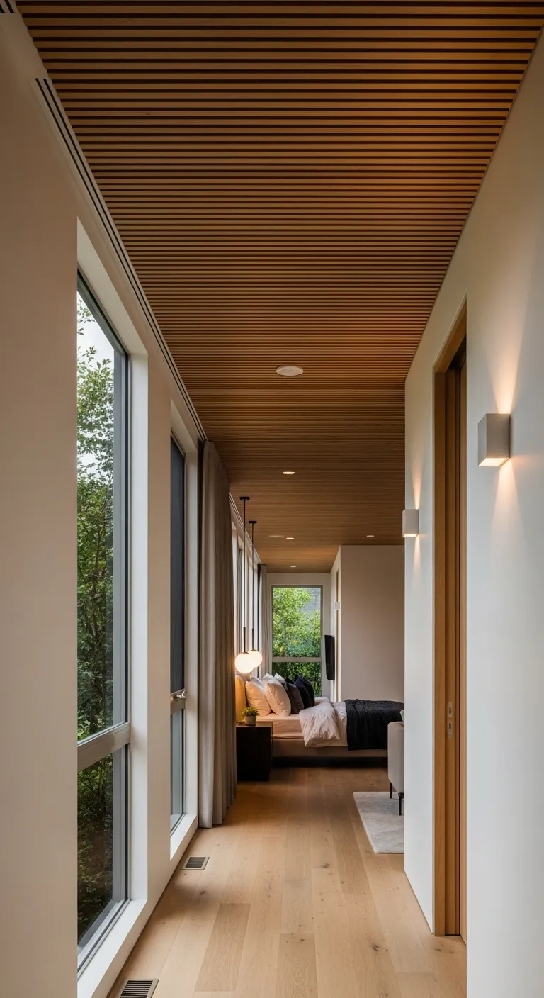 Hallway in a linear modern home separating private and public zones with wood accents