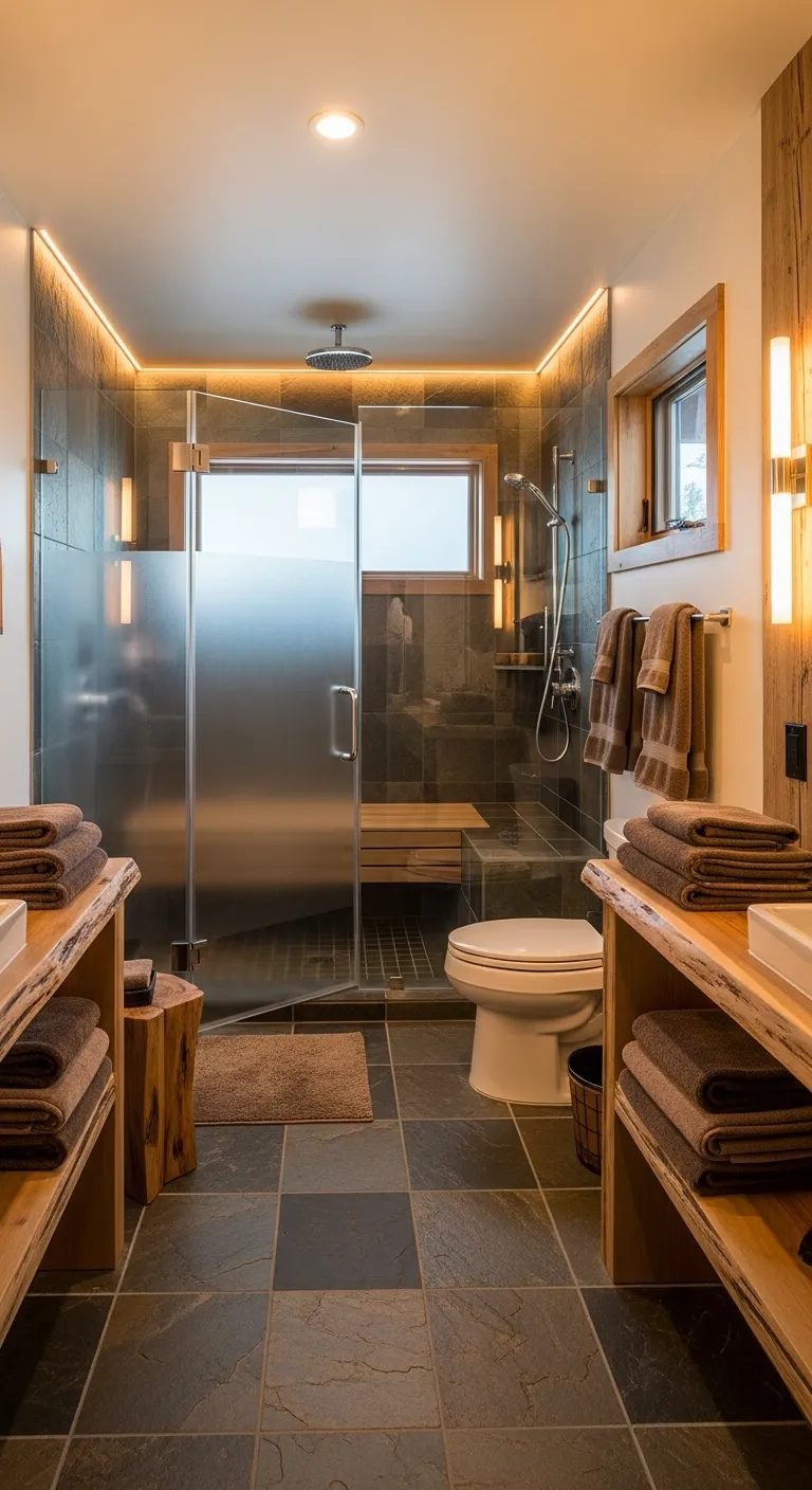 A modern mountain bathroom featuring heated stone floors and elegant wood accents.