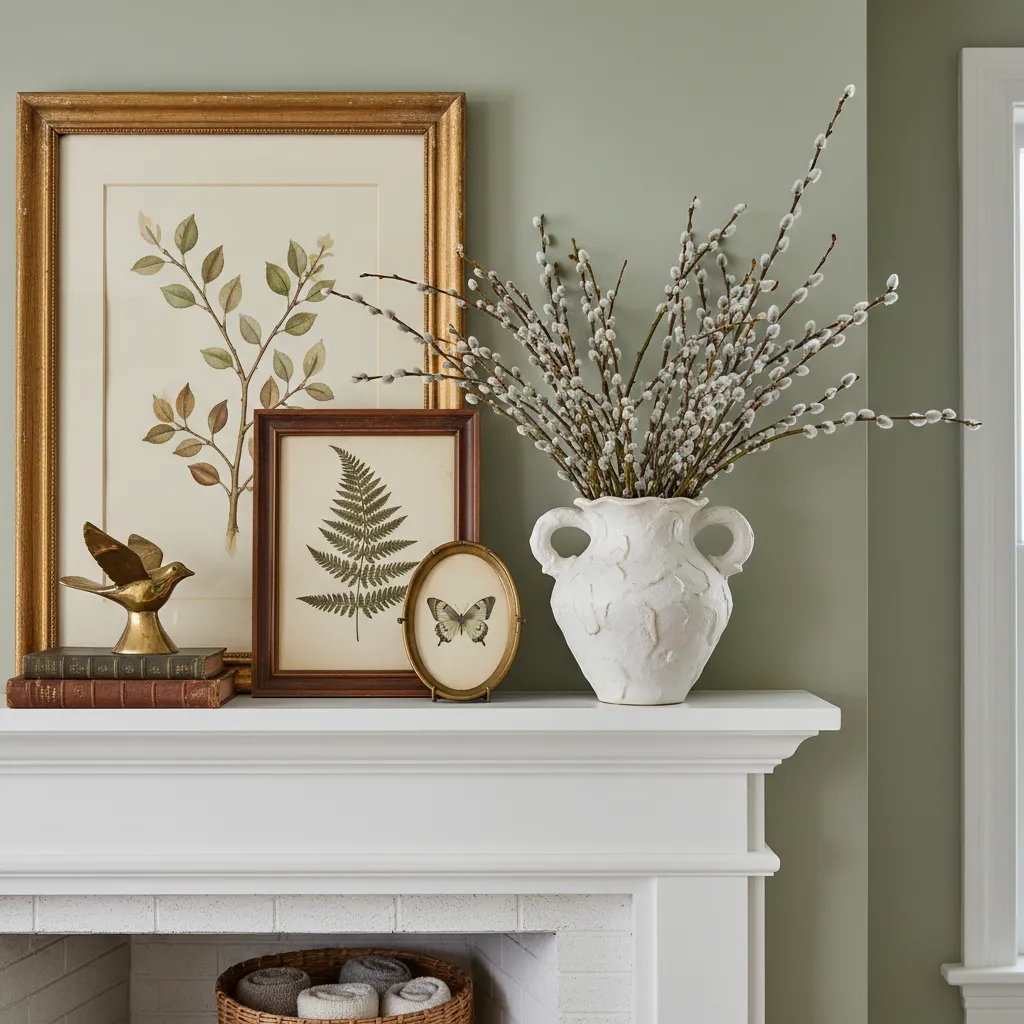 Close up of mantel decor featuring pussy willow branches and ceramic vases