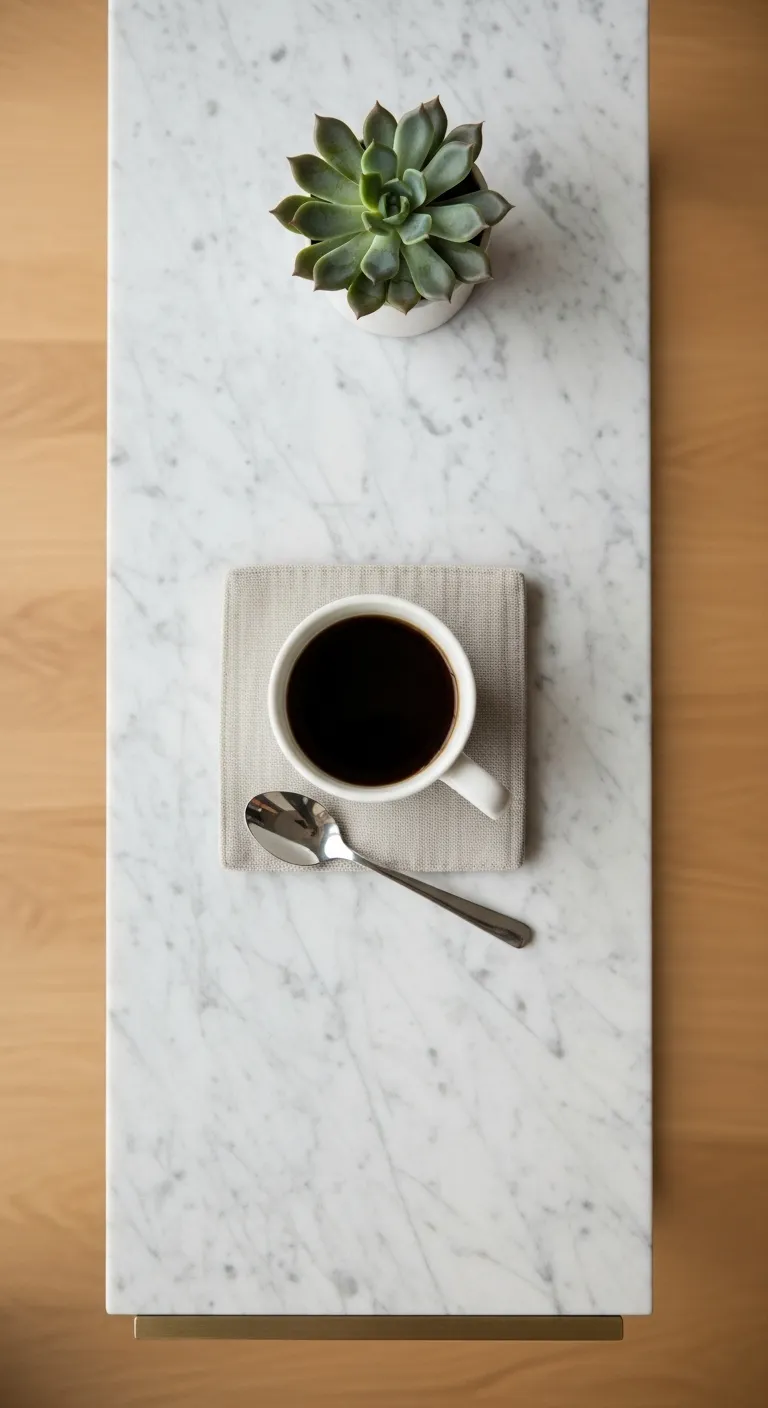 Top down view of coffee on marble console table