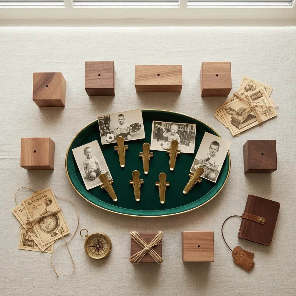 Collection of wood, brass, and velvet materials for DIY projects