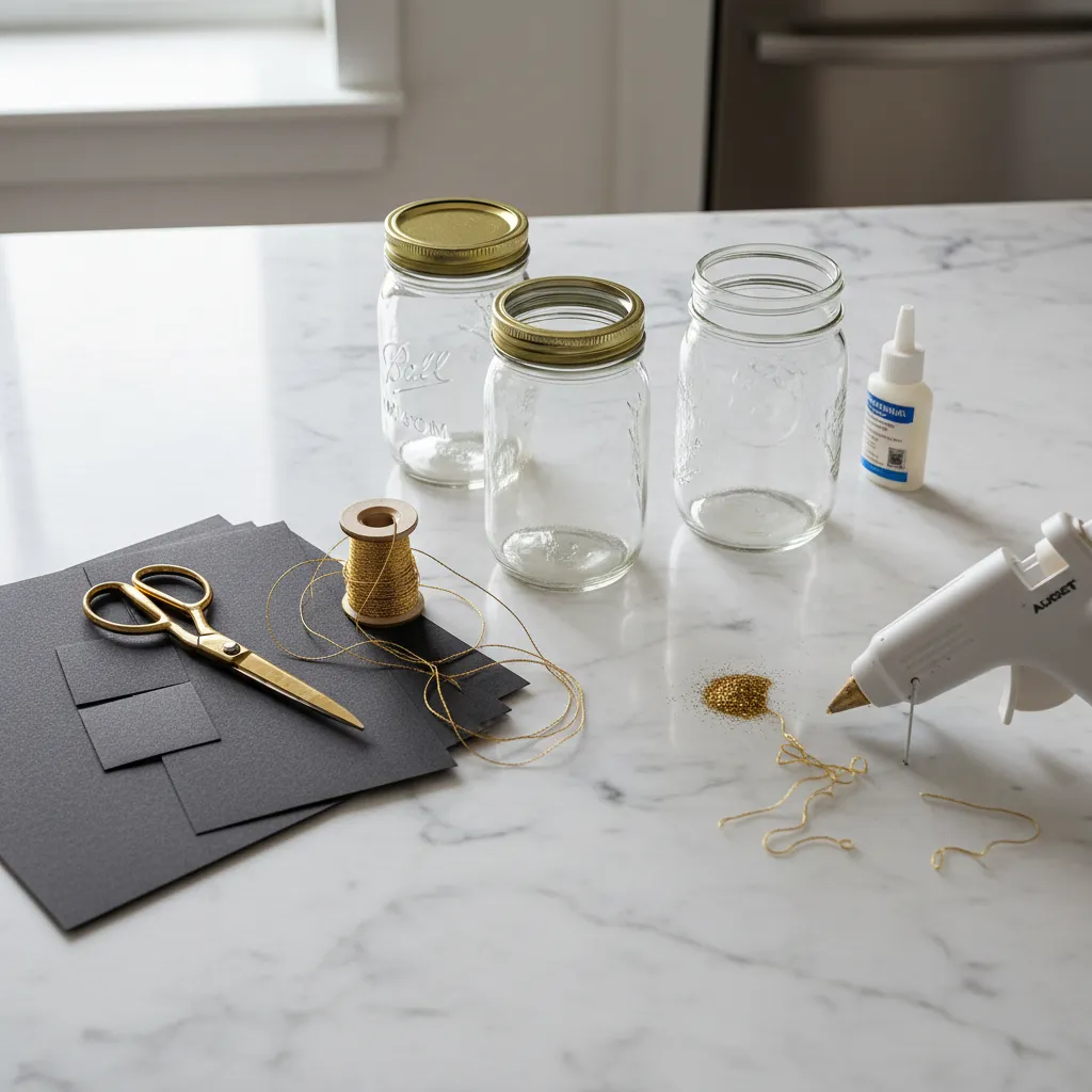 Flat lay of mason jars black cardstock and crafting tools for graduation decoration