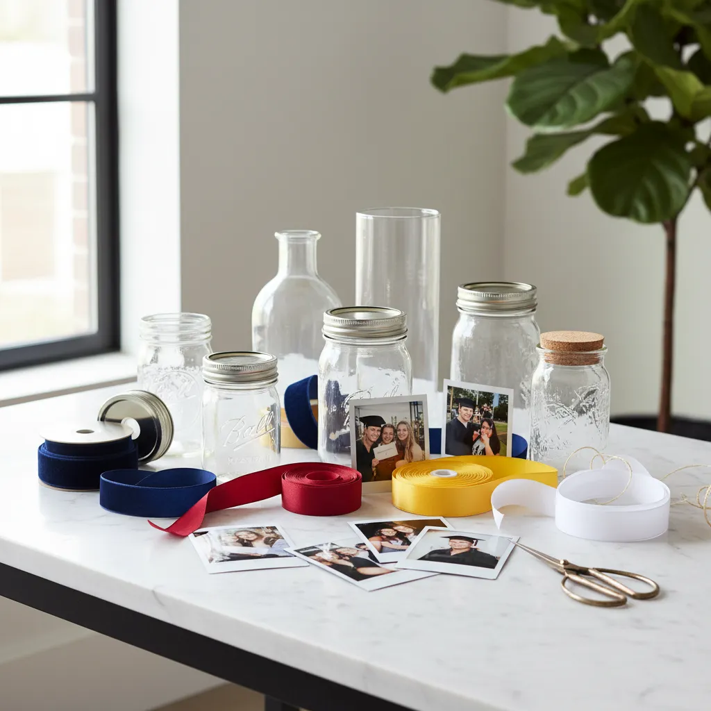 Glass jars and colorful ribbons for graduation DIY projects.