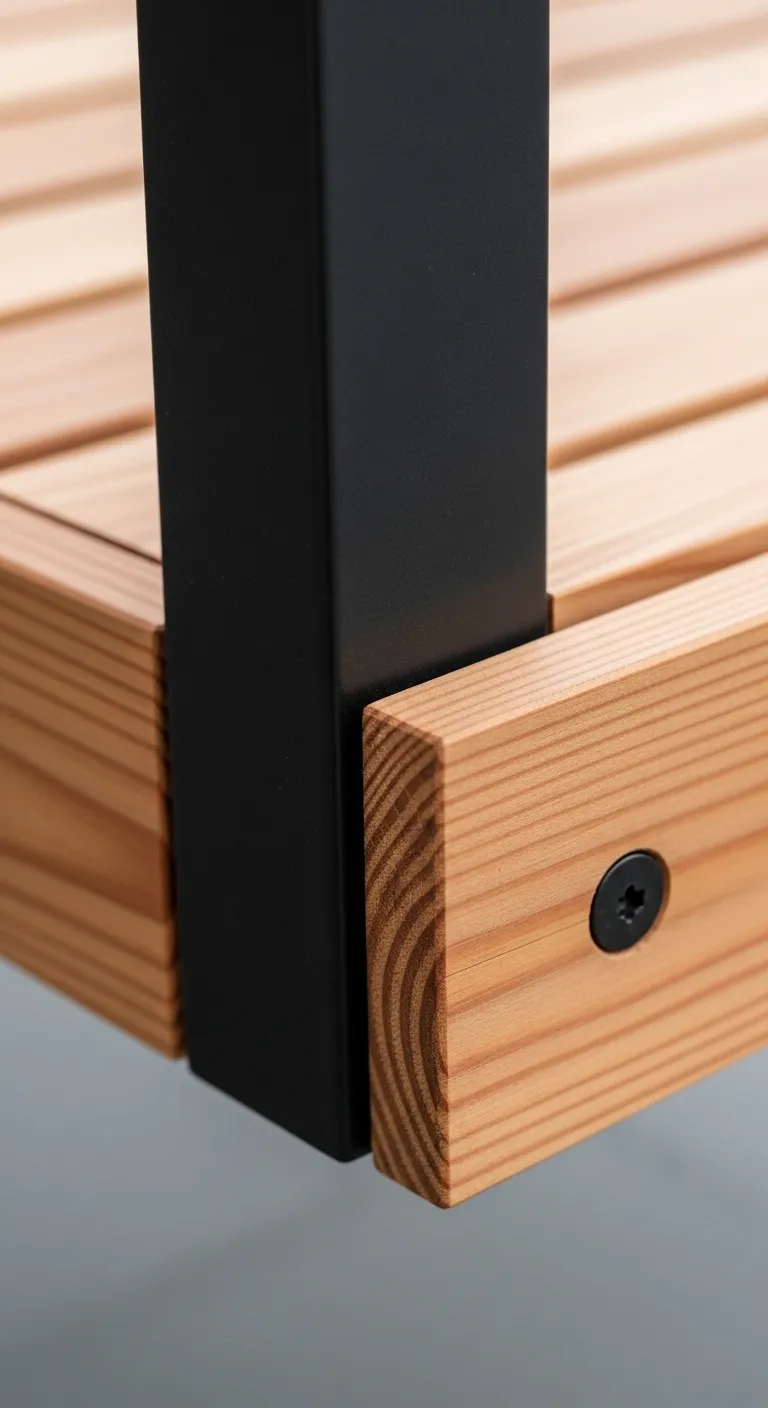 Close up detail of matte black steel frame against smooth cedar wood grain