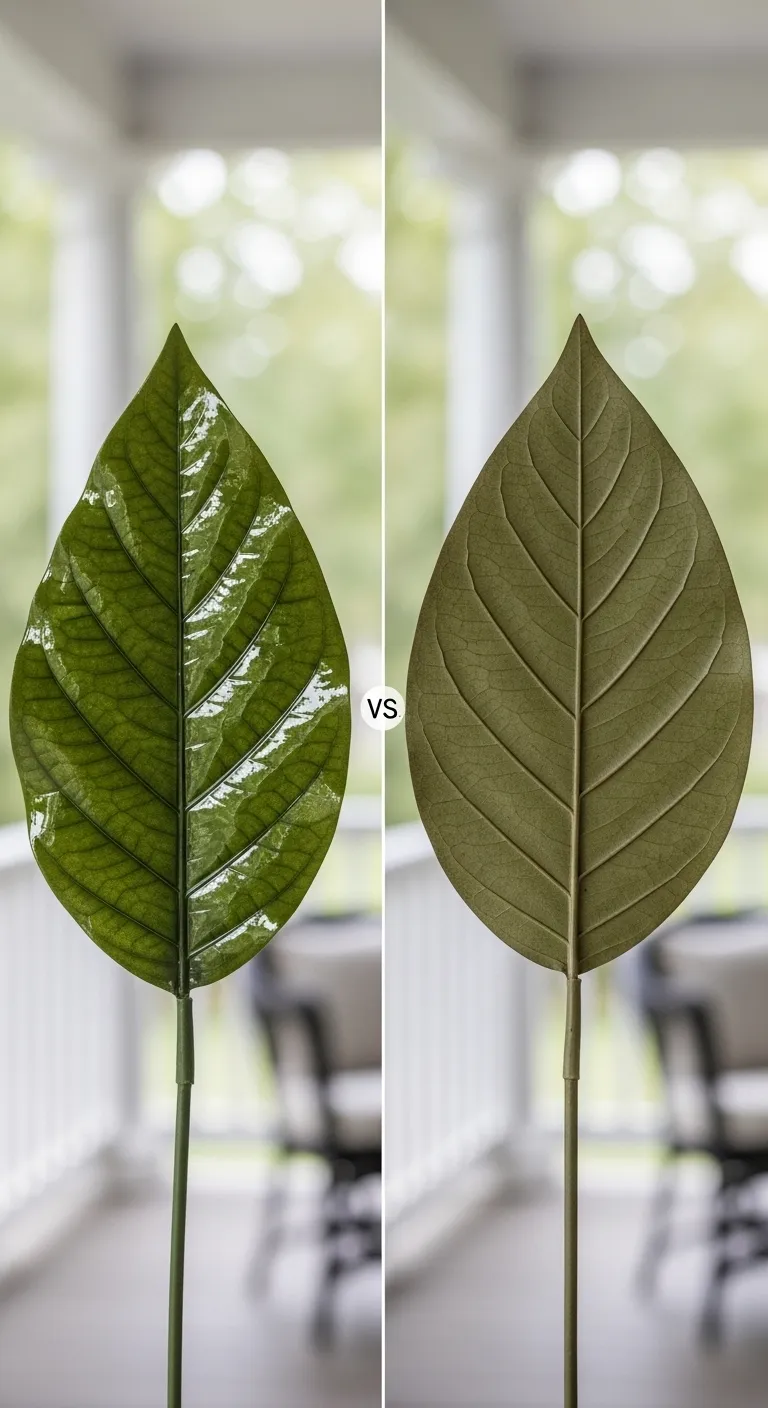 Matte vs Gloss Finish on Faux Leaves Close up of matte finish on artificial leaves compared to glossy finish