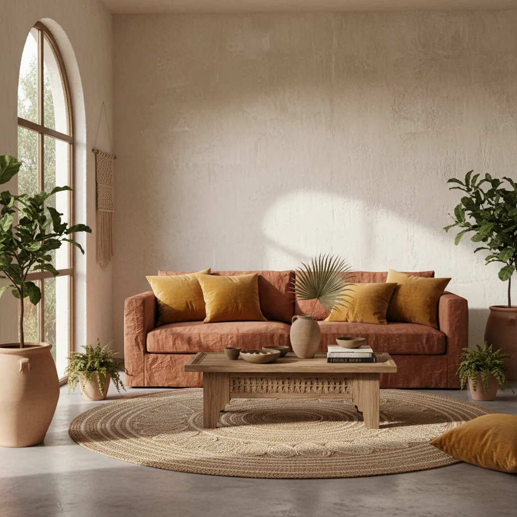 Sun-drenched Mediterranean living room with terracotta and ochre interior decor.