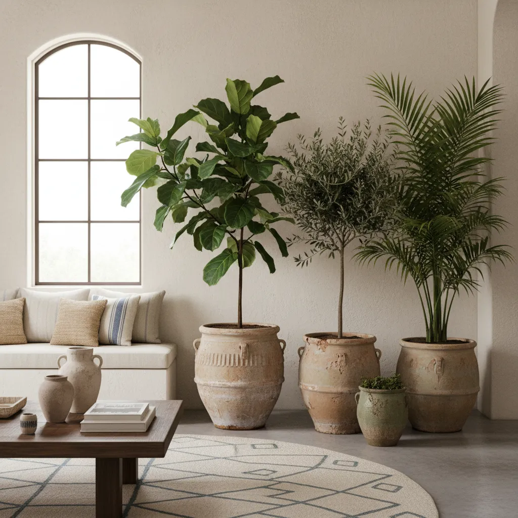 Large green plants in terracotta pots in a Mediterranean style living room