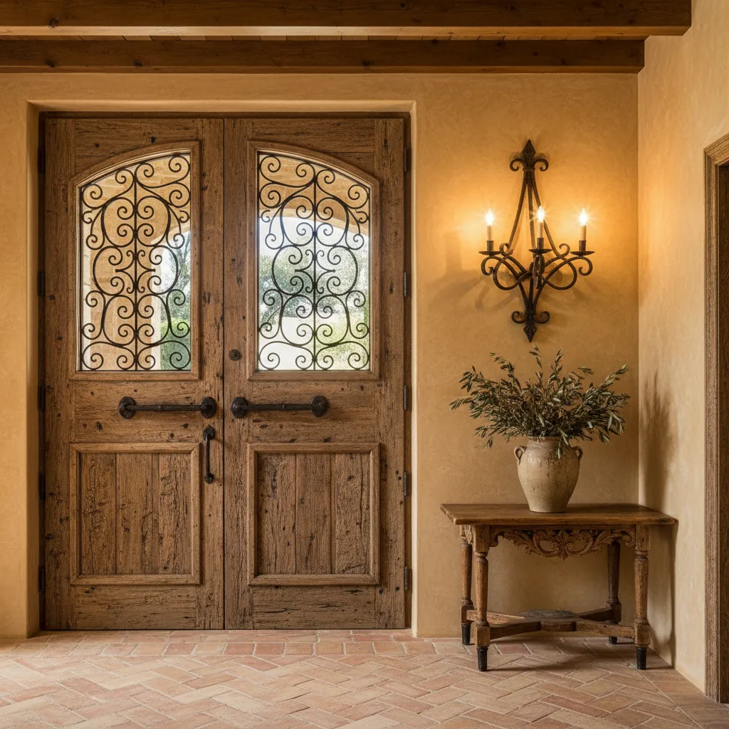 Mediterranean entryway with reclaimed wood door and wrought iron accents