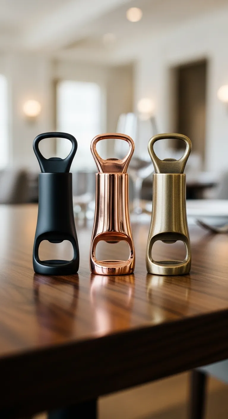 Comparison of matte black copper and gold bottle openers on wood table