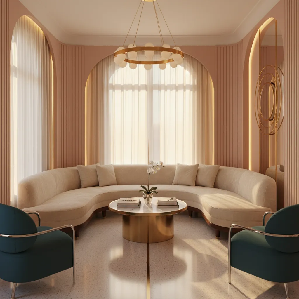 Curved velvet sofa in a narrow Miami Art Deco living room