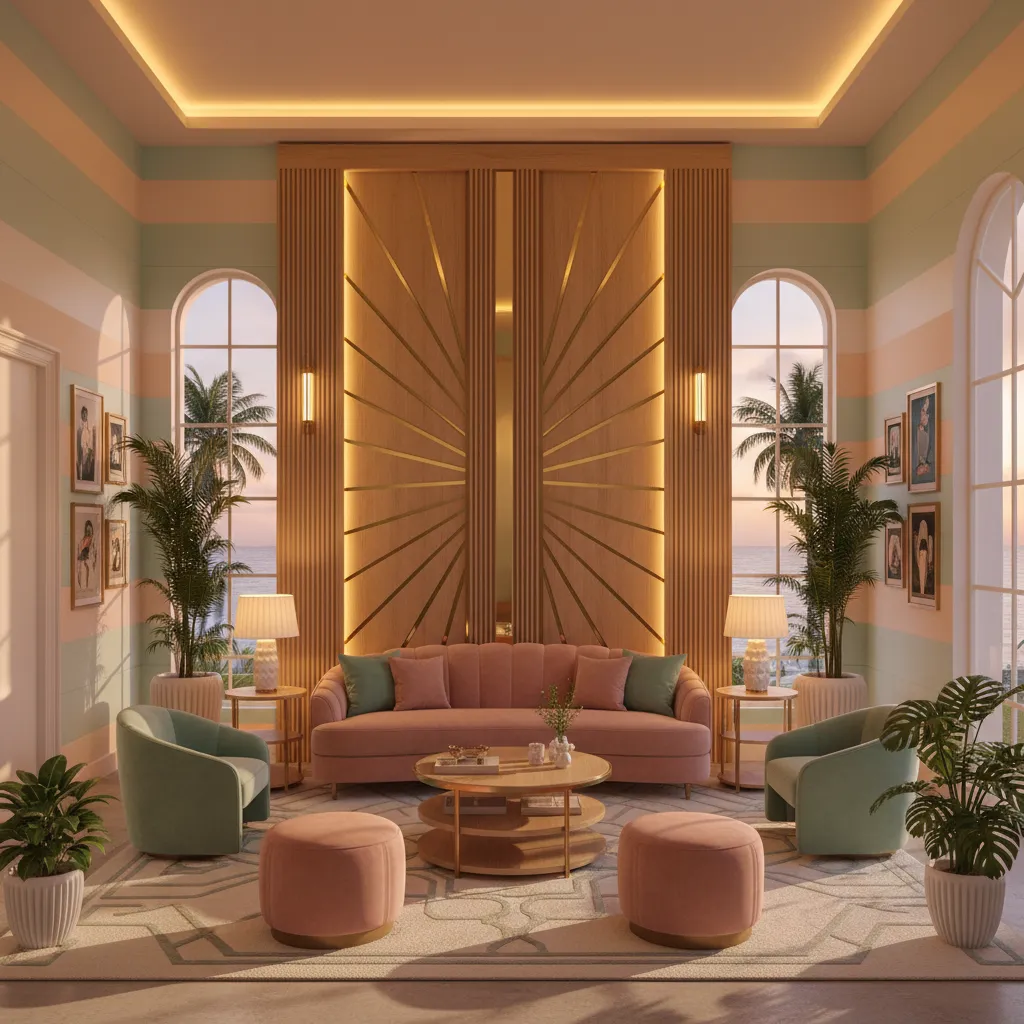 A modern Miami Art Deco living room featuring mint walls, fluted wood panels, and warm lighting.