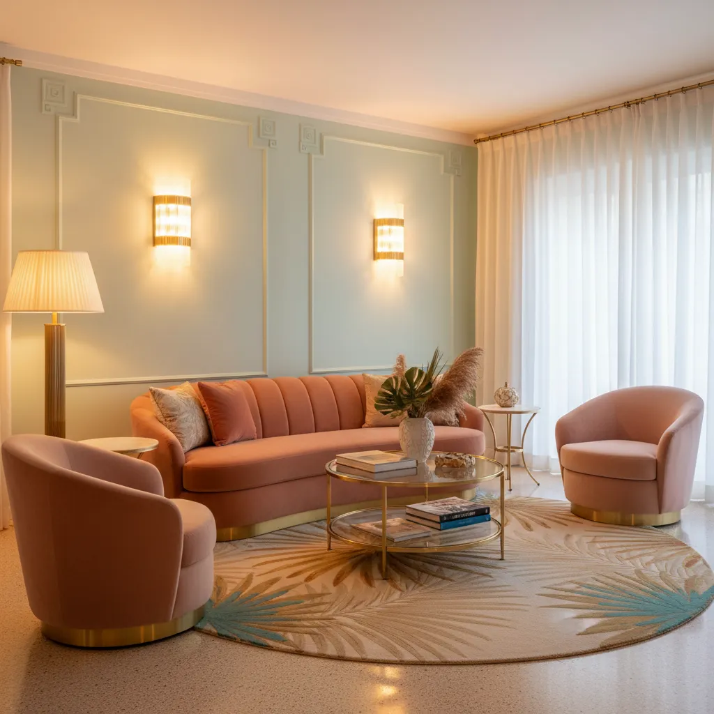 A warm lit room with pastel walls and brass accents