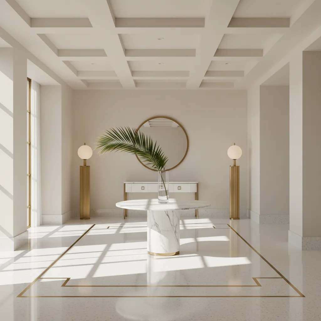 Miami Art Deco foyer with polished terrazzo floors and gold brass inlay