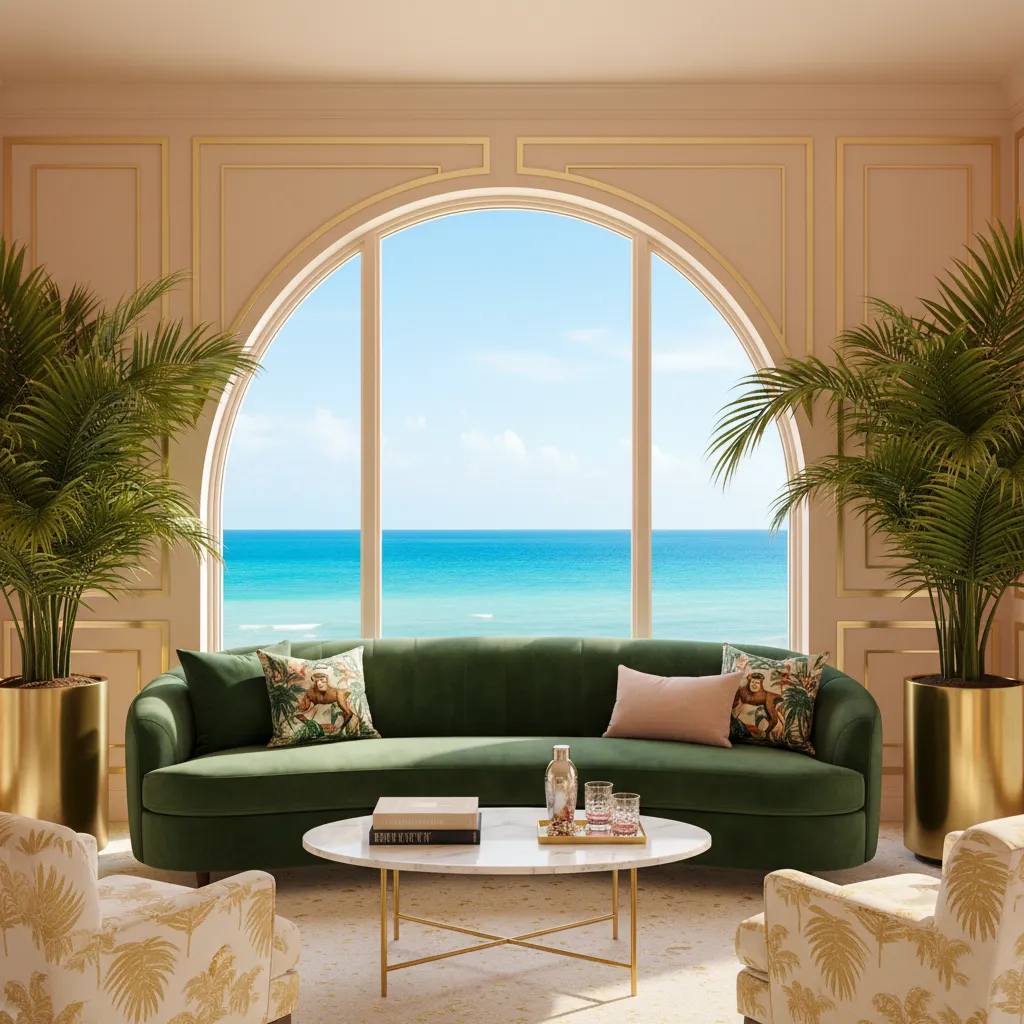 Emerald velvet sofa with tropical plants in a Miami Art Deco interior