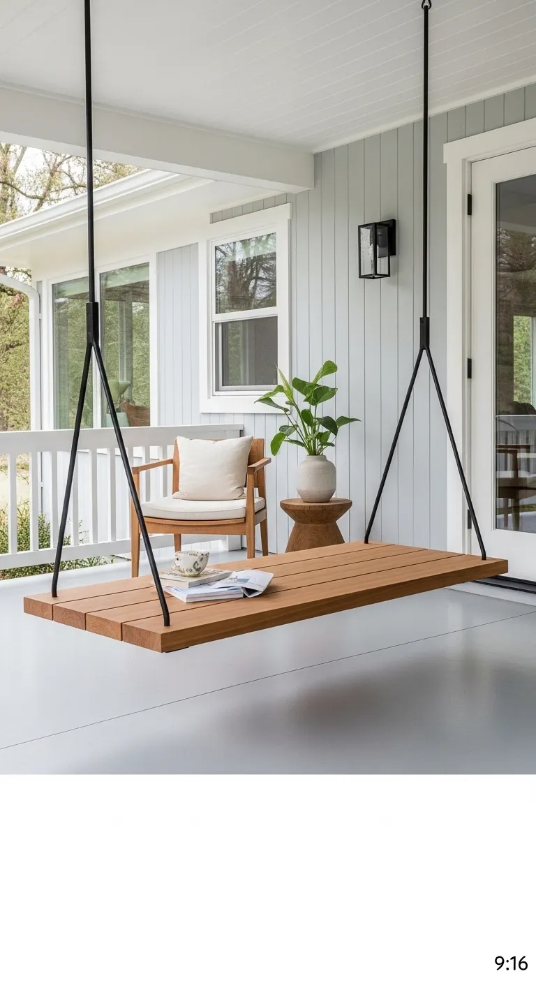 Sleek teak platform swing with black geometric hardware on a modern porch