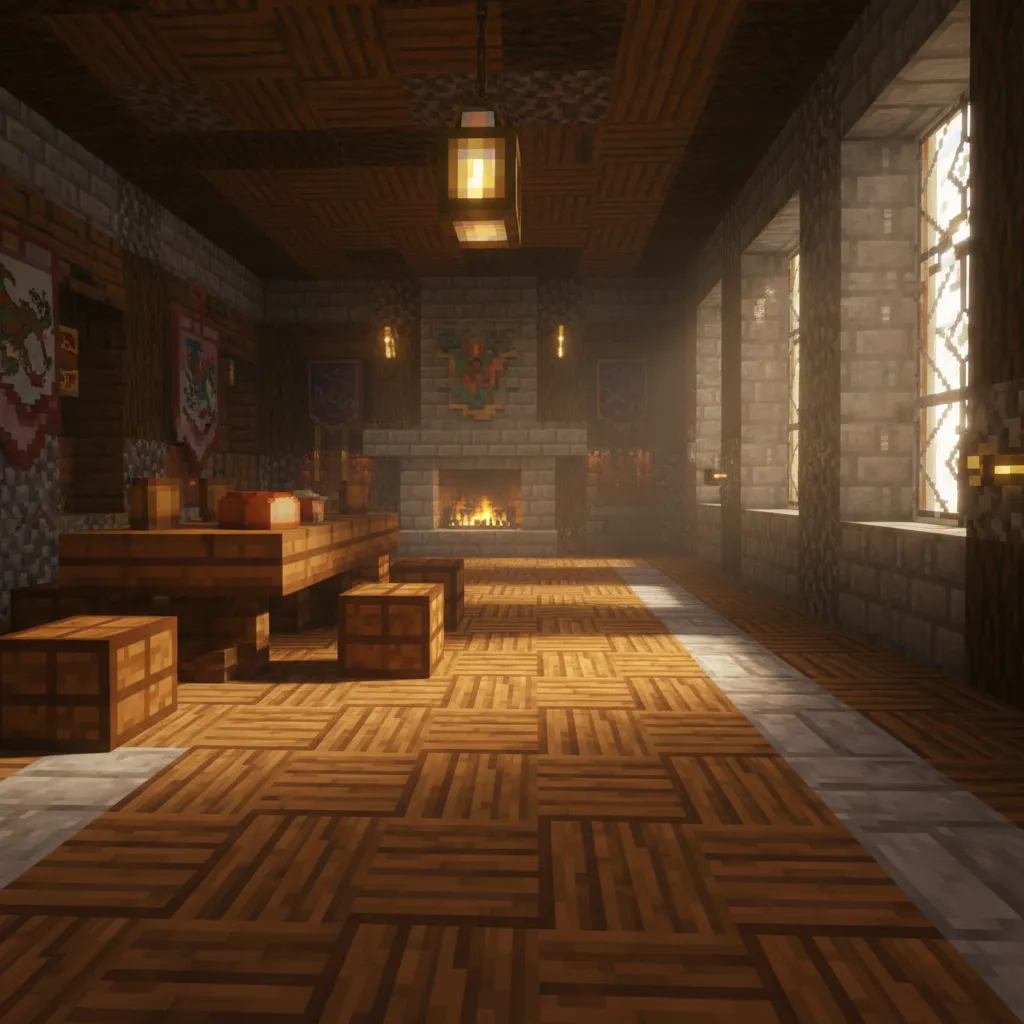 A detailed view of a professional Minecraft interior floor using spruce wood and stone brick textures in a sophisticated weave pattern.