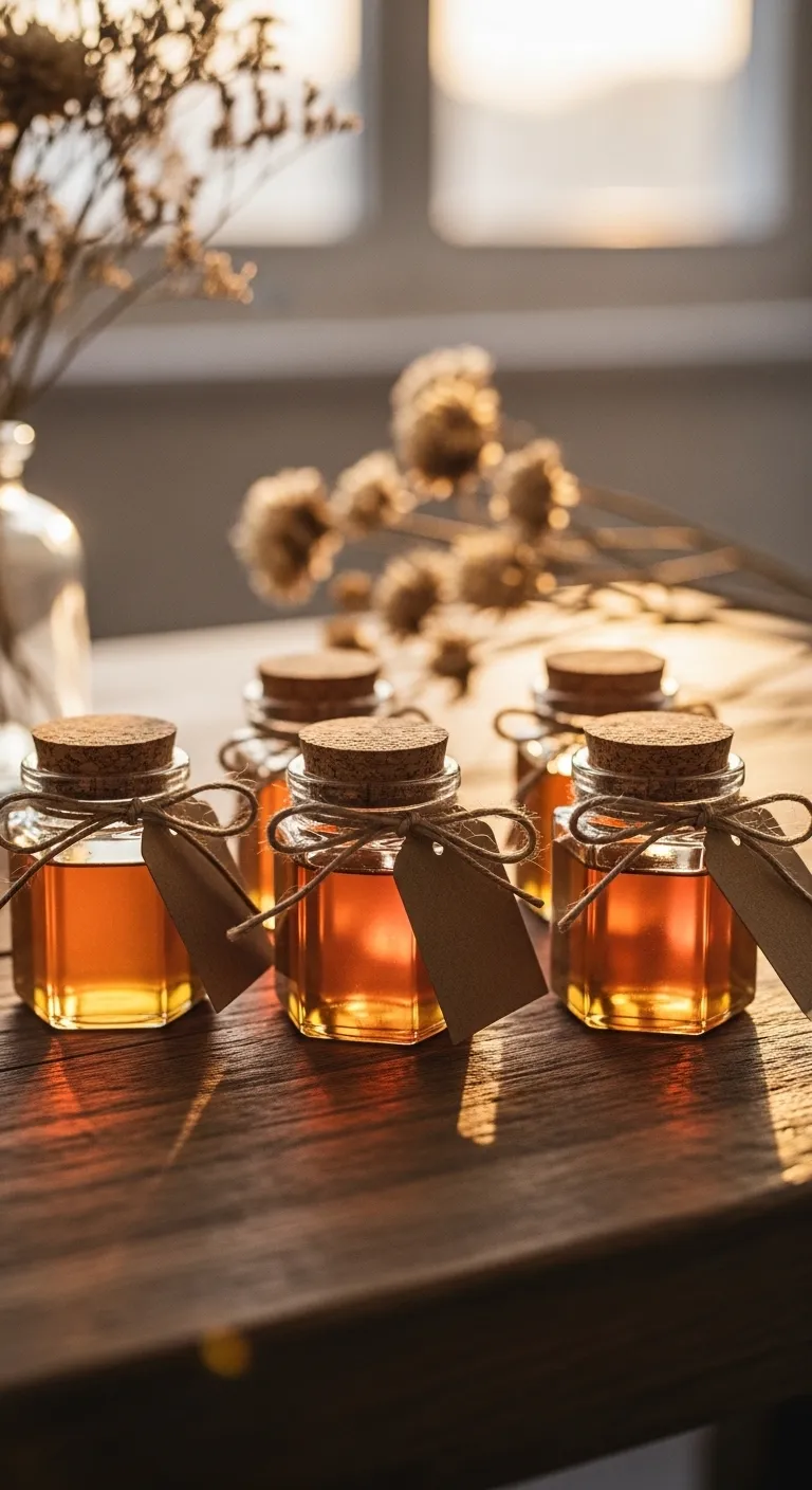 Small glass honey jars with twine and kraft tags on a wooden table for boho wedding favors
