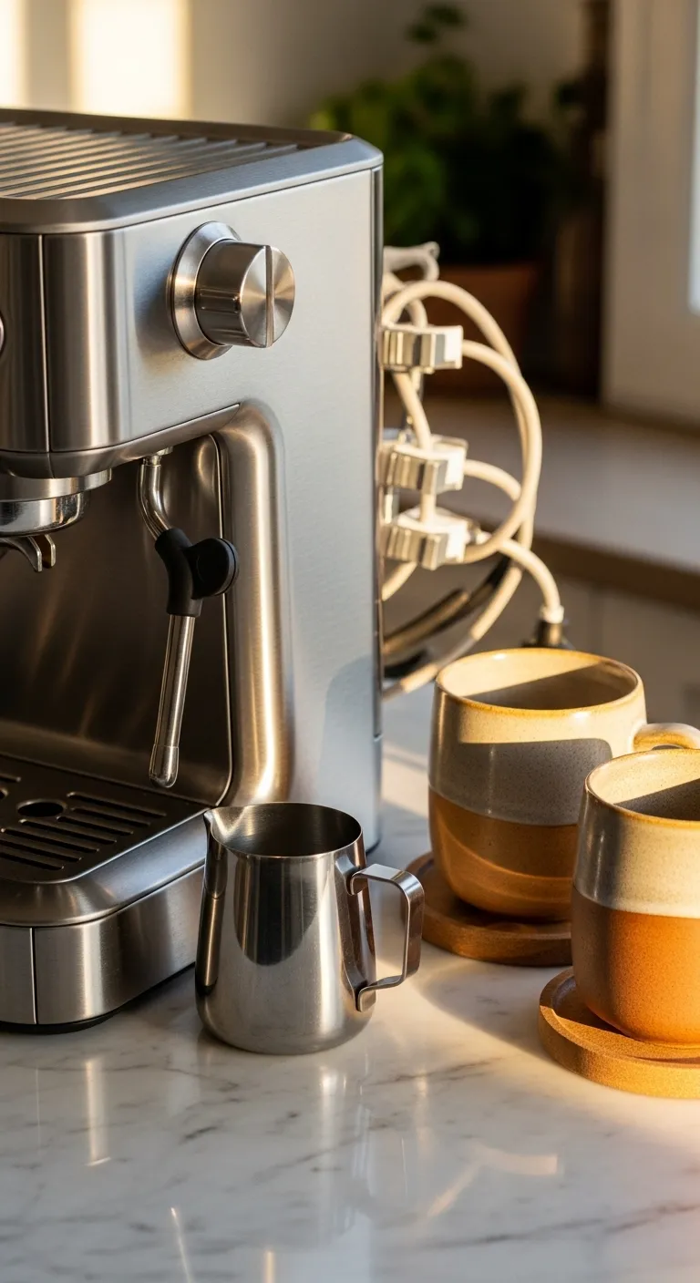 Espresso machine with hidden cords on a tidy kitchen counter