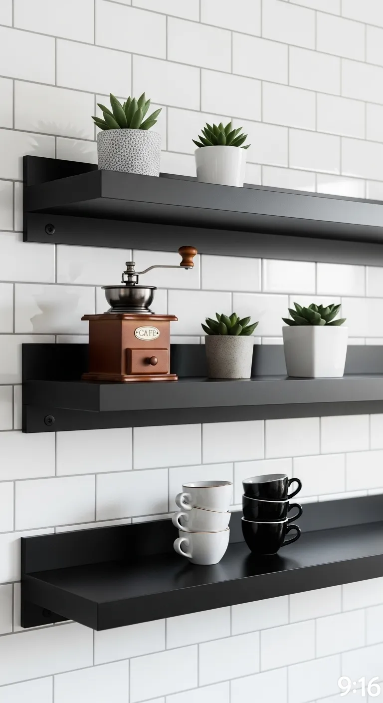 Matte black floating shelves styled with coffee accessories and greenery