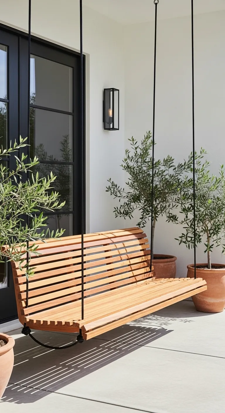 Modern horizontal slat outdoor swing bench with hidden joinery on a concrete patio