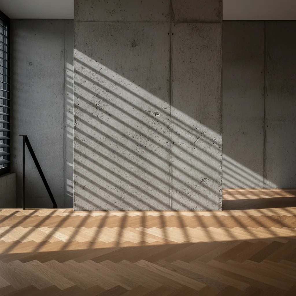 Close up texture of raw concrete wall and warm wood flooring in modern home