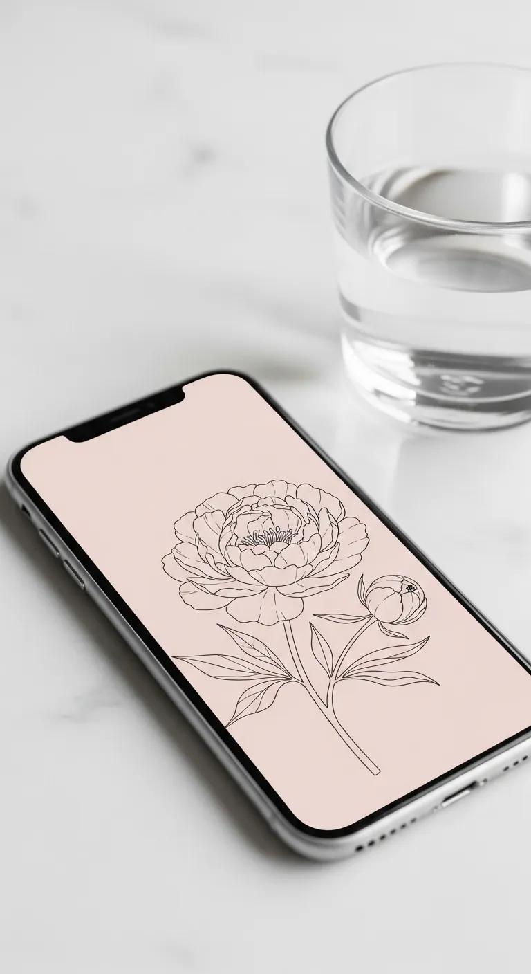Smartphone showing minimalist pink peony wallpaper resting on a marble table