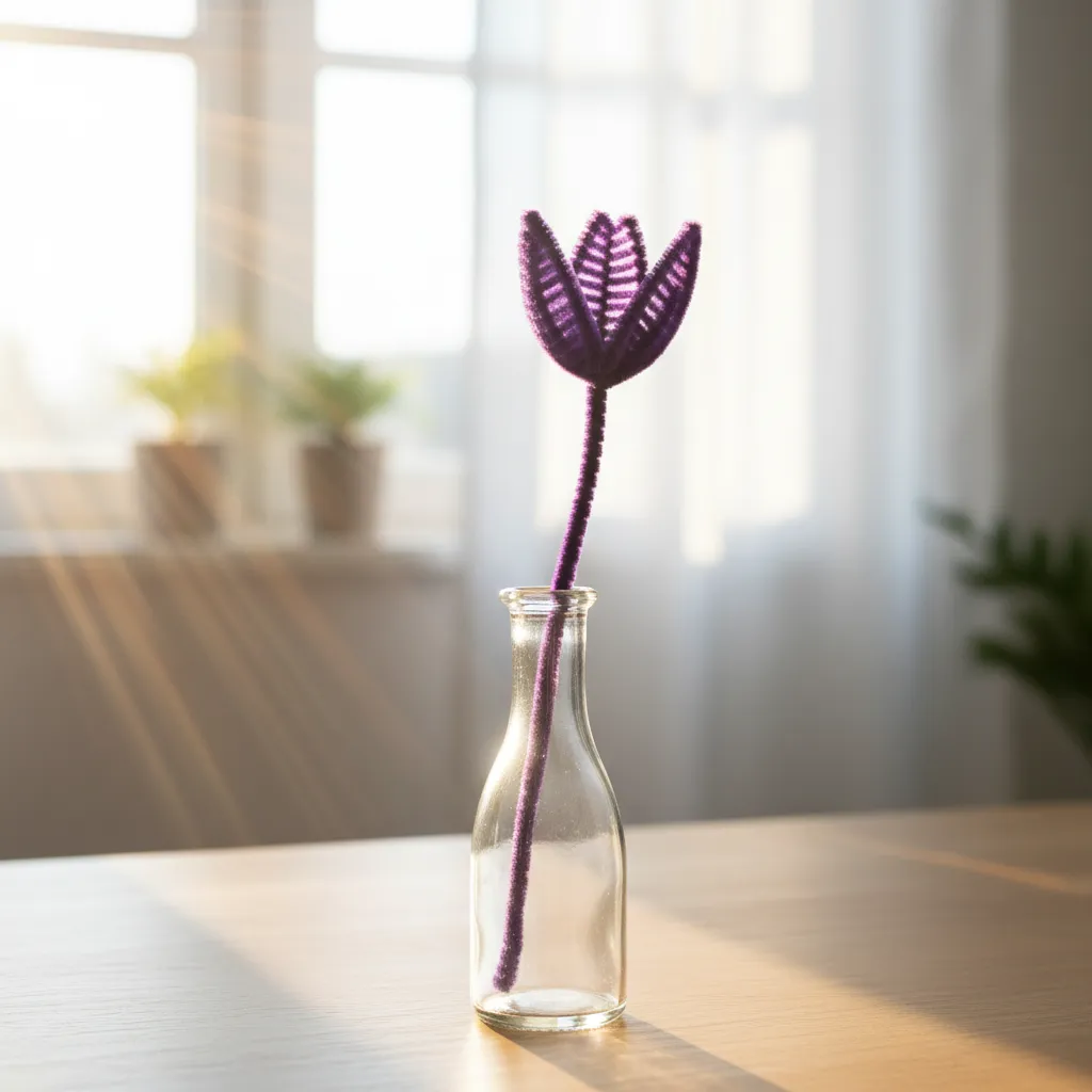 Single purple pipe cleaner tulip in a sunlit vase