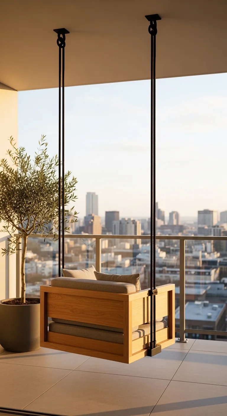 Minimalist wooden single seater swing on a small balcony with city views