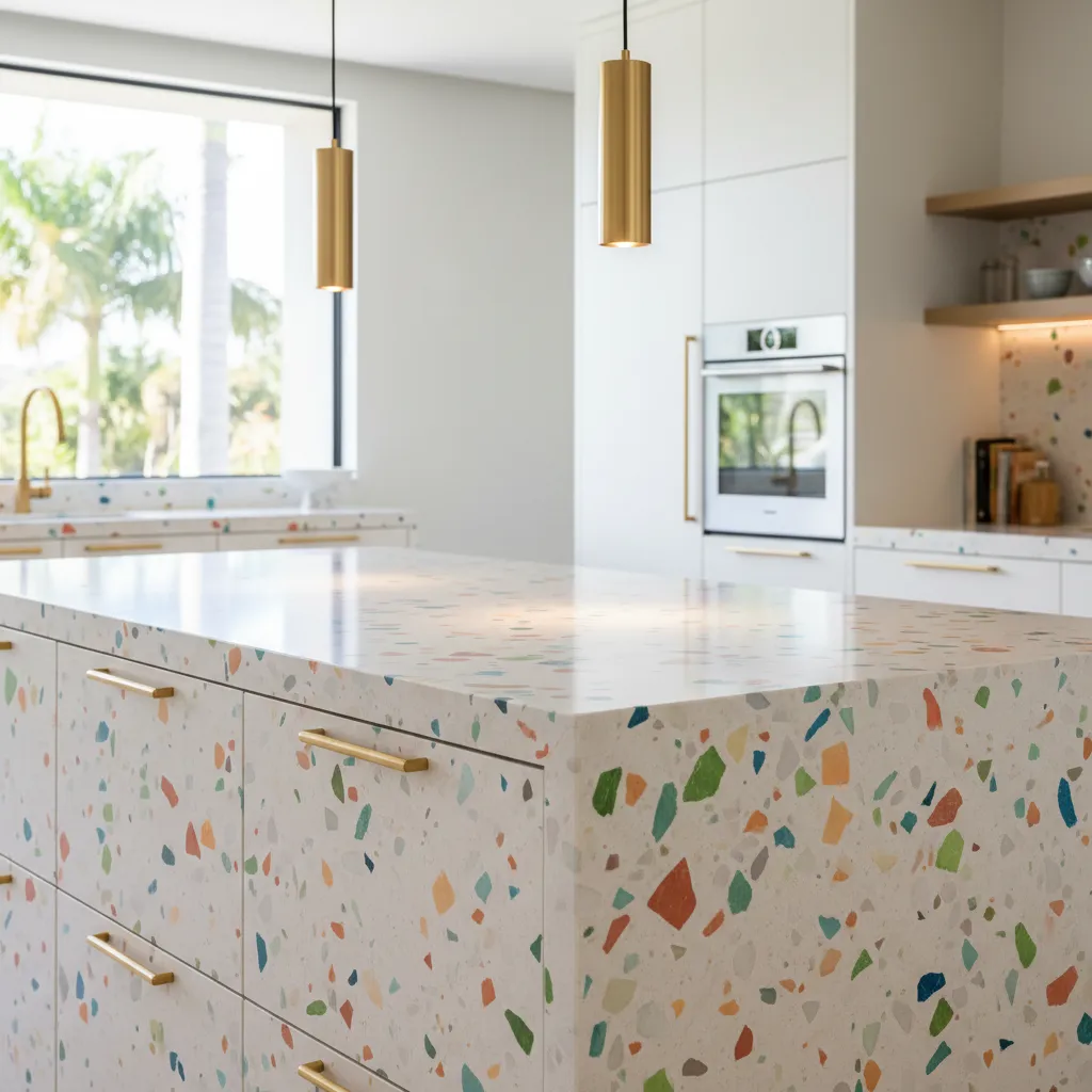 Close up of a terrazzo countertop with brushed brass fixtures in a modern kitchen