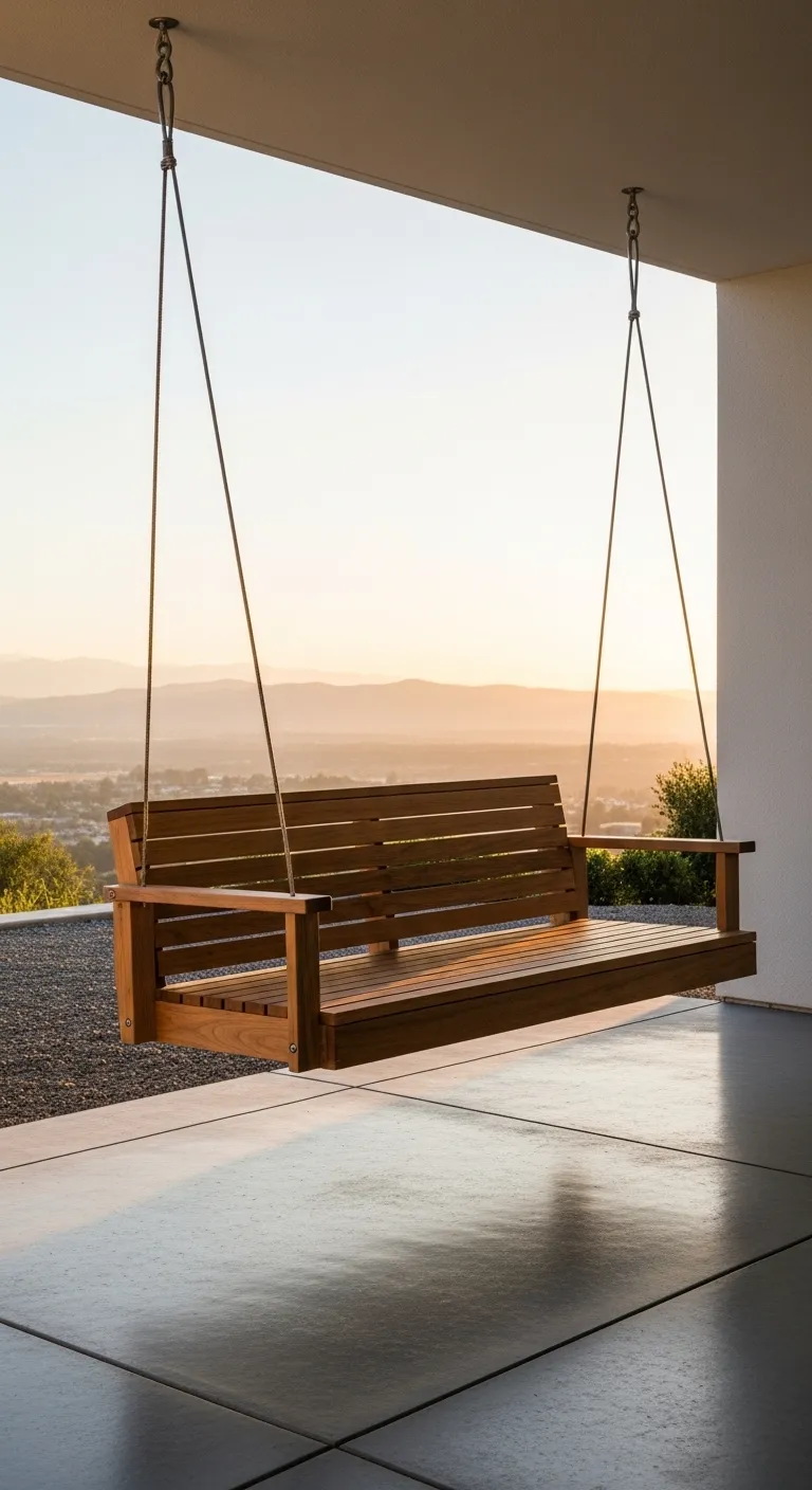 Minimalist wooden porch swing hanging from sleek aircraft steel cables on a modern patio