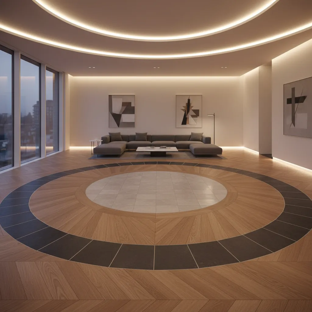 Modern Hall with Concentric Floor Patterns Spacious room featuring concentric wood and stone floor borders with warm lighting