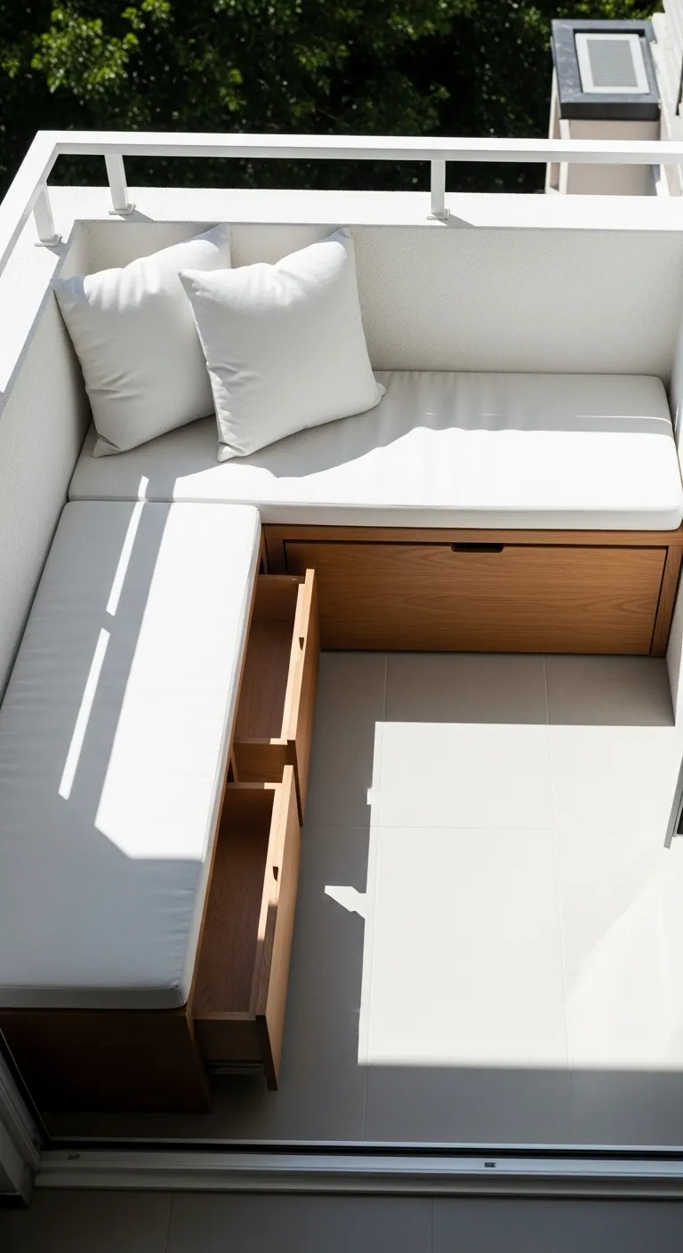 Small apartment balcony with wooden l-shaped storage bench and white linen cushions